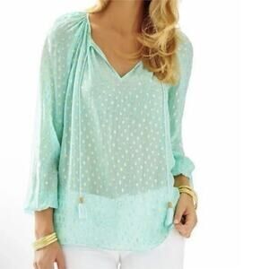 Lilly Pulitzer RILLA Chiffon Silk Top Size Large Turquoise Gold Jacquard Tassel